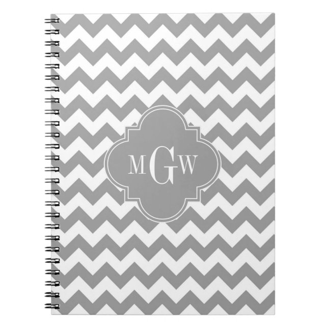 Caderno Espiral Cinza Whevron Chevron Cinza Quatrefoil 3 Monograma (Frente)