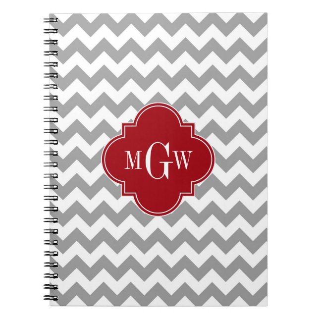 Caderno Espiral Cinza Whevron Cranberry Quatrefoil 3 Monograma (Frente)