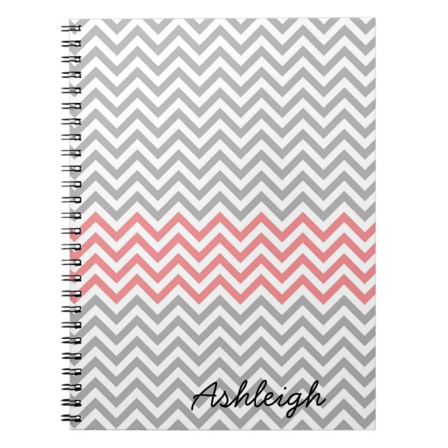 Caderno Espiral Cinza, White e Coral Chevron (Frente)