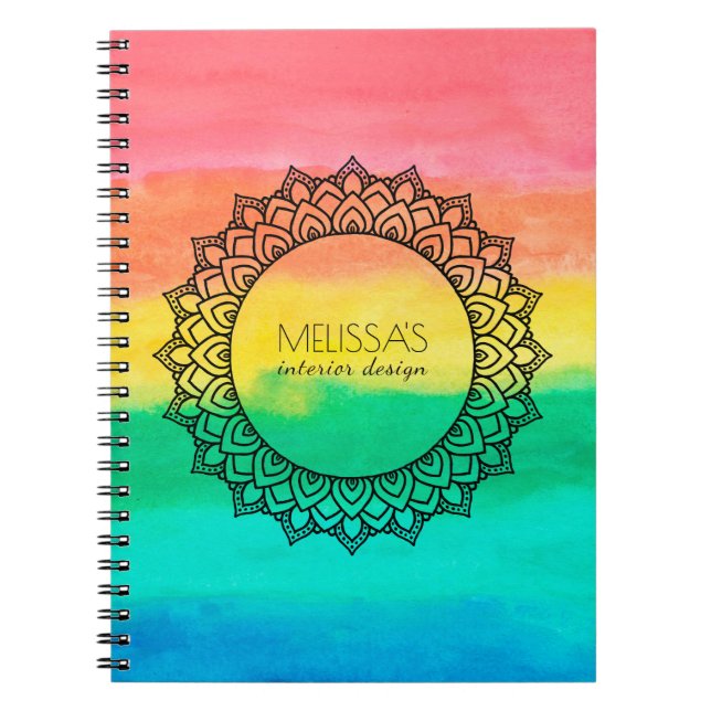 Caderno Espiral Círculo Negro Moderno Mandala Cores d'água Fundo (Frente)