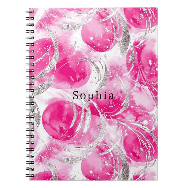 Caderno Espiral Círculos Abstrato de Glama de Prata Rosa (Frente)