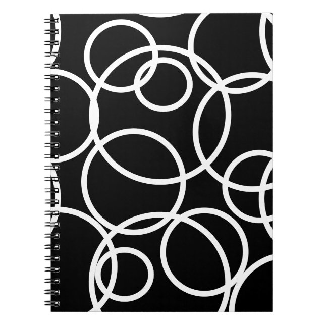 Caderno Espiral Círculos brancos geométricos Abstrato preto modern (Frente)