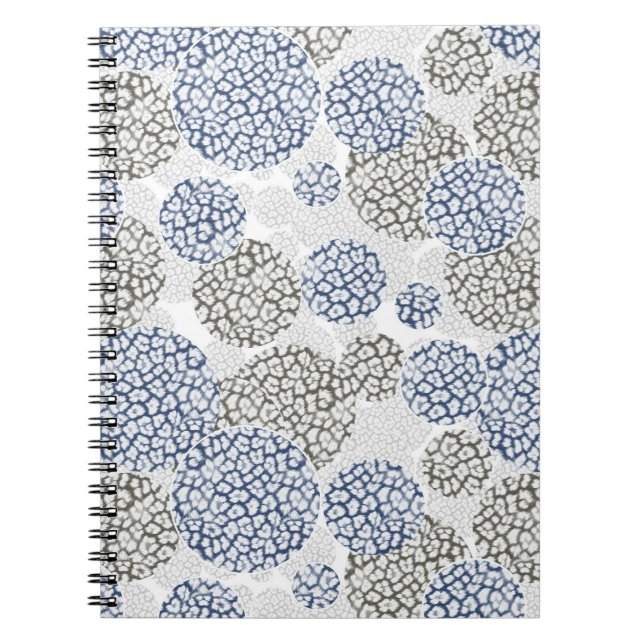 Caderno Espiral Círculos com cinza e impressão de pele azul-leopar (Frente)