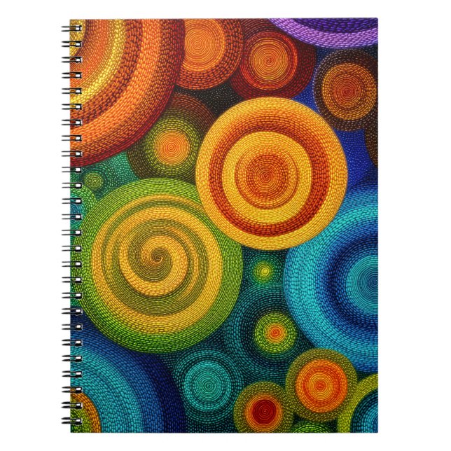 Caderno Espiral Círculos concêntricos abstratos em multicolor vibr (Frente)