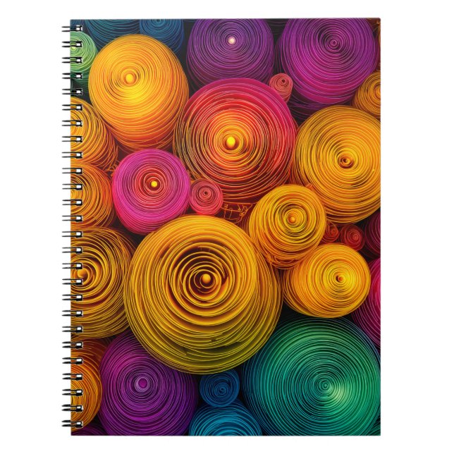 Caderno Espiral Círculos concêntricos multicoloridos textura abstr (Frente)