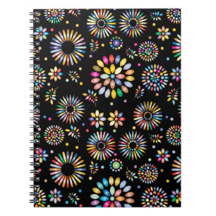 Caderno Espiral Círculos de Flores Coloridas e Brilhantes em Preto