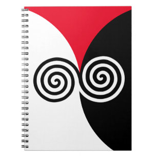 Caderno Espiral Círculos Espirais Abstratos em Preto, Vermelho e B