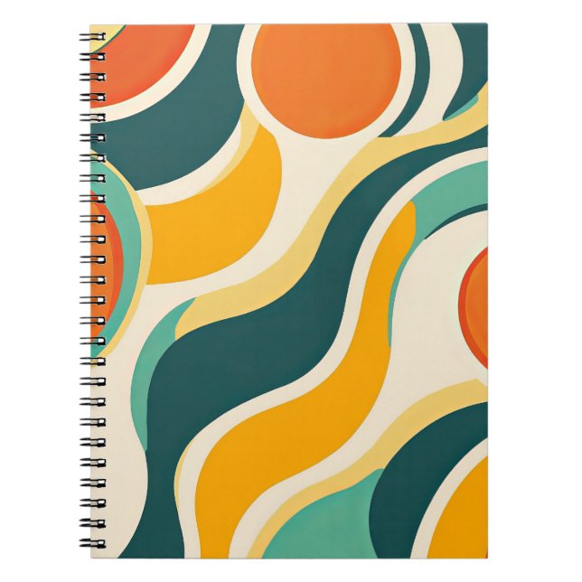 Caderno Espiral Círculos Laranja e Fluxos de Cor (Frente)