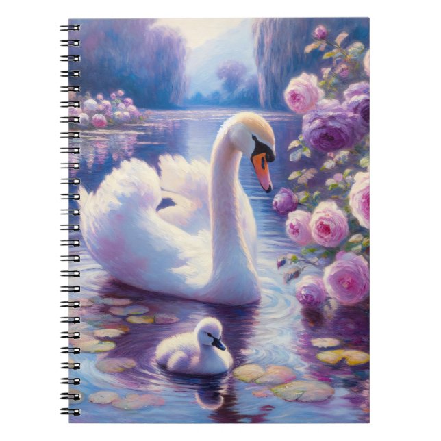 Caderno Espiral Cisne branco e Cygnet com Rosas roxos (Frente)