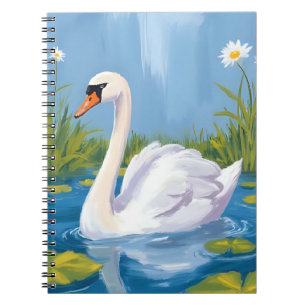 Caderno Espiral Cisne Branco Pintura de Ave em Aquarela no Lago