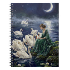 Caderno Espiral Cisnes Celtas Arte Fantasia Noturna de Lago ao Lua