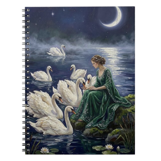 Caderno Espiral Cisnes Celtas Arte Fantasia Noturna de Lago ao Lua (Frente)