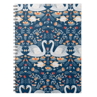 Caderno Espiral Cisnes,peixes,flores em um fundo azul. Decorativo
