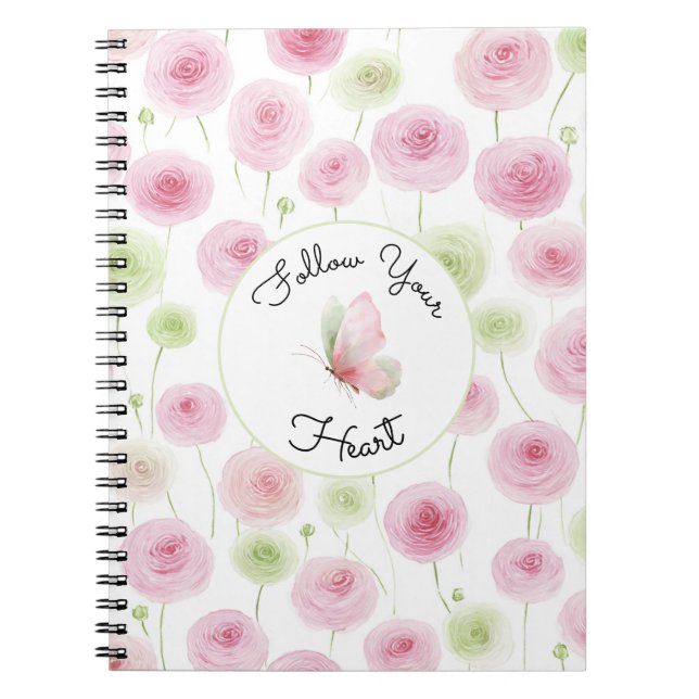 Caderno Espiral Citação de Ranunculus Rosa Mint Bonito (Frente)