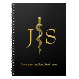 Caderno Espiral Classe Haste de Asclepius Médico Dourado em Preto