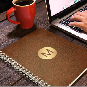 Caderno Espiral Clássica Faux Brown Leather & Dourado Nome Inicial