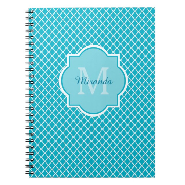 Caderno Espiral Clássica Turquesa Azul Quatrefoil Monograma e Nome (Frente)