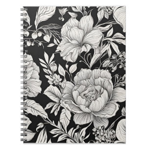 Caderno Espiral Clássico Floral Vintage Preto e Branco