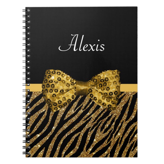 Caderno Espiral Clássico, Impressão em Zebra Dourada, Arco Glitz F (Frente)