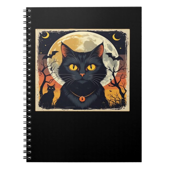 Caderno Espiral Clássico Retro Negro Gato Halloween T-Shirt Clássi (Frente)