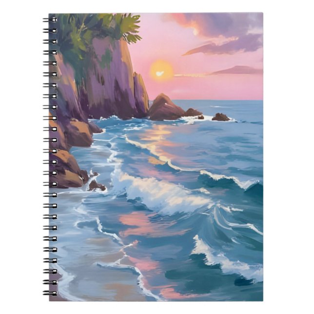 Caderno Espiral Coastal Cotton Candy Sunset Watercolor Painting (Frente)