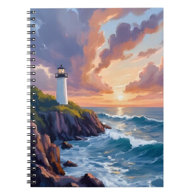 Caderno Espiral Coastal Lighthouse Sunset | Beach Ocean Painting (Frente)