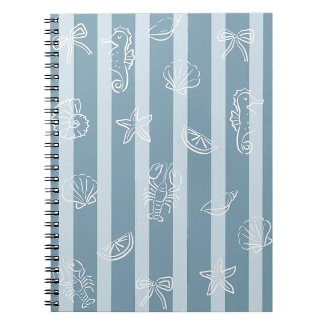 Caderno Espiral Coastal Nautical Pattern | Blue Sea Shell & Seahor (Frente)