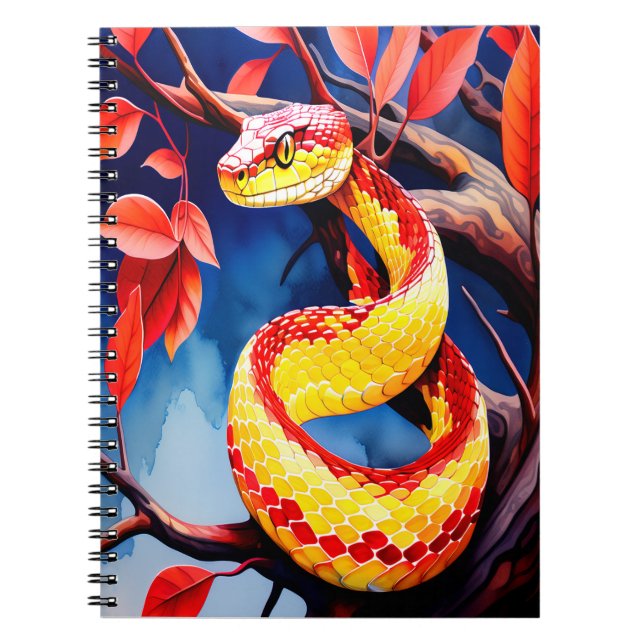 Caderno Espiral Cobra com balanças vibrantes, vermelhas e amarelas (Frente)