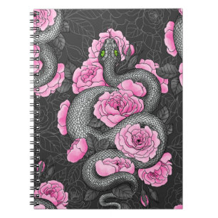 Caderno Espiral Cobras e rosas cor-de-rosa