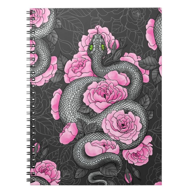 Caderno Espiral Cobras e rosas cor-de-rosa (Frente)