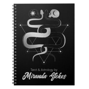 Caderno Espiral Cobras gêmeos e crânios preto e prateado, gótico