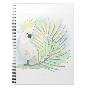 Caderno Espiral Cocato de papagaio branco em folhas de palma.