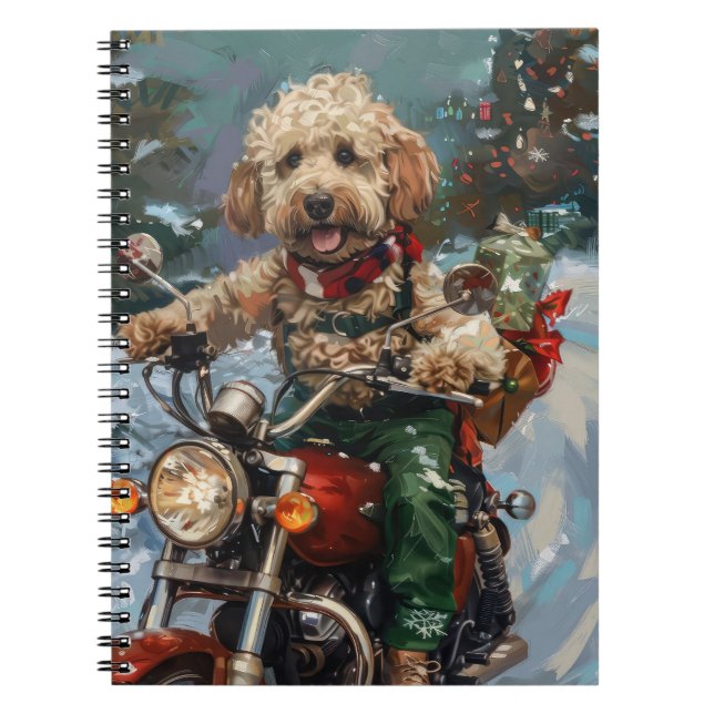 Caderno Espiral Cockapoo Cão Andando Moto Natal (Frente)