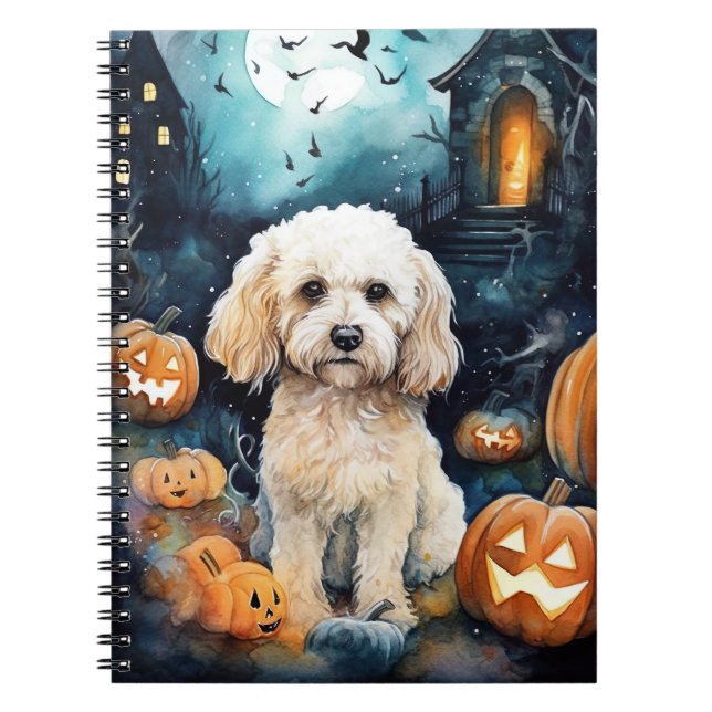 Caderno Espiral Cockapoo De Halloween Com Pumpkins Assustado (Frente)