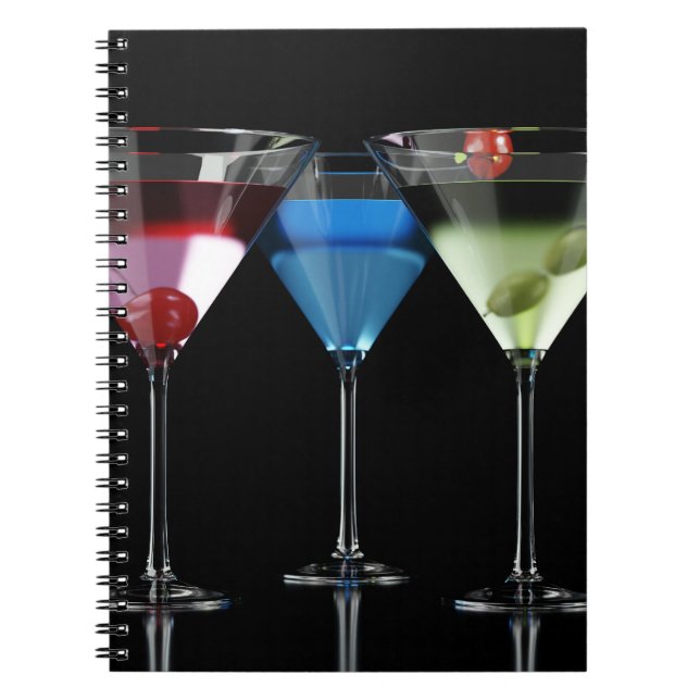 Caderno Espiral Cocktails diferentes em copos de martini em preto (Frente)