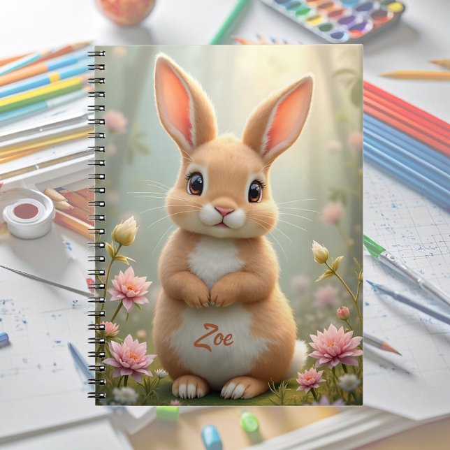 Caderno Espiral Coelhinho bonito cercado por flores, personalizado (Criador carregado)