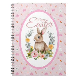 Caderno Espiral Coelhinho de Aquarela Fofo com Coroa Floral de Pás