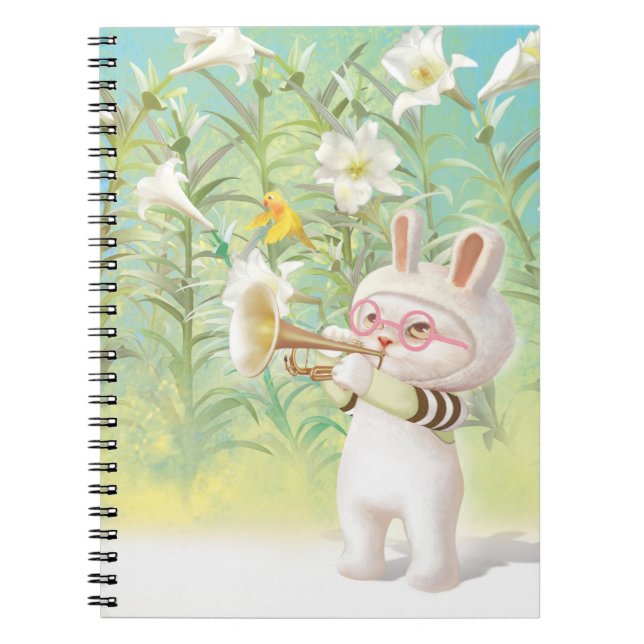 Caderno Espiral Coelhinho Tocador de Trombeta com Pássaro no Jardi (Frente)