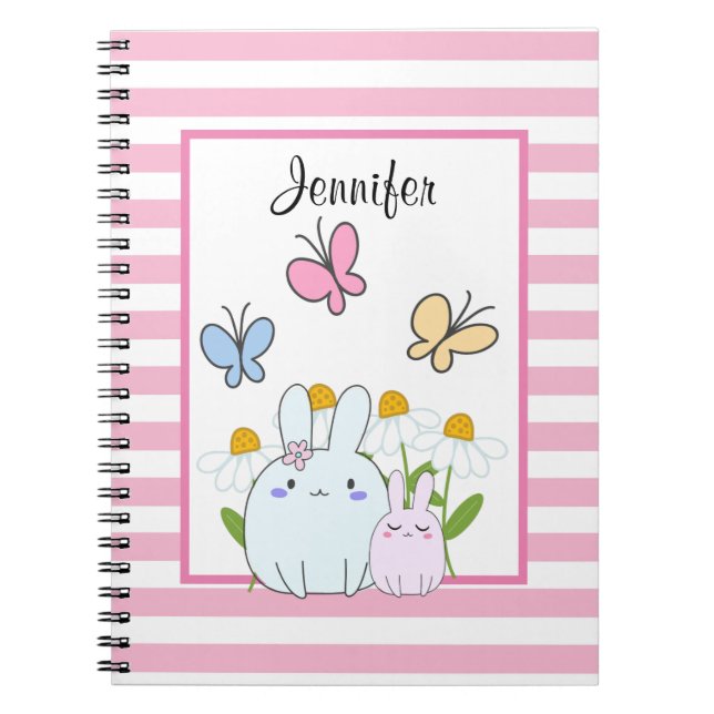 Caderno Espiral Coelhinhos bonitos com margaridas Primavera e borb (Frente)