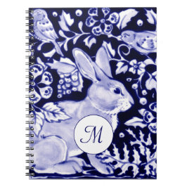 Caderno Espiral Coelho Azul Clássico e Branco e Monograma Floral d