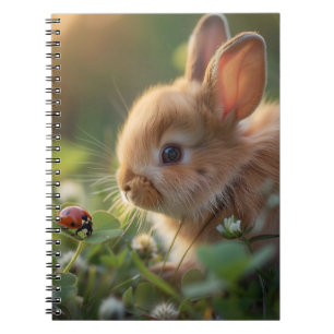 Caderno Espiral Coelho bonito e uma joaninha no campo verde
