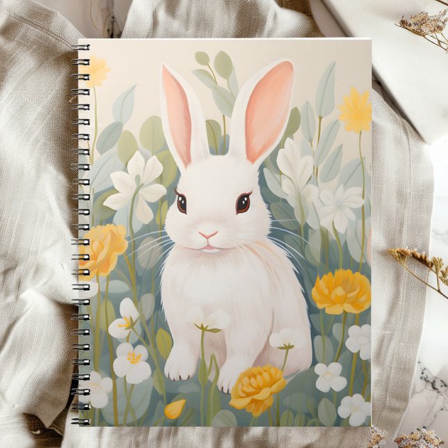 Caderno Espiral Coelho Branco Entre Flores Da Primavera (Criador carregado)