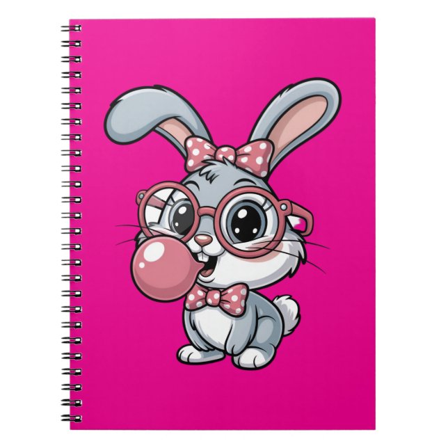 Caderno Espiral Coelho Fofo com Óculos Soprando Chiclete (Frente)