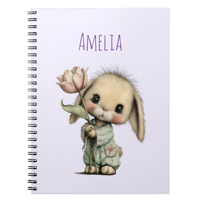 Caderno Espiral Coelho Fofo Segurando um Tulipa (Frente)