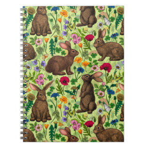 Caderno Espiral Coelhos e flores silvestres em verde de melada