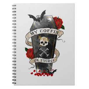 Caderno Espiral Cofin e crânio gótico com Rosa vermelha