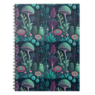 Caderno Espiral Cogumelo Alienígena Mágico Padrão de Floresta Neon