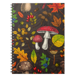 Caderno Espiral Cogumelos, folhas, loucos e bagas de outono à escu