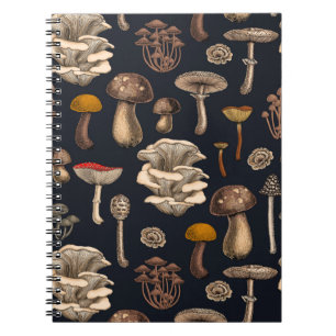 Caderno Espiral Cogumelos selvagens no notebook preto de grafite