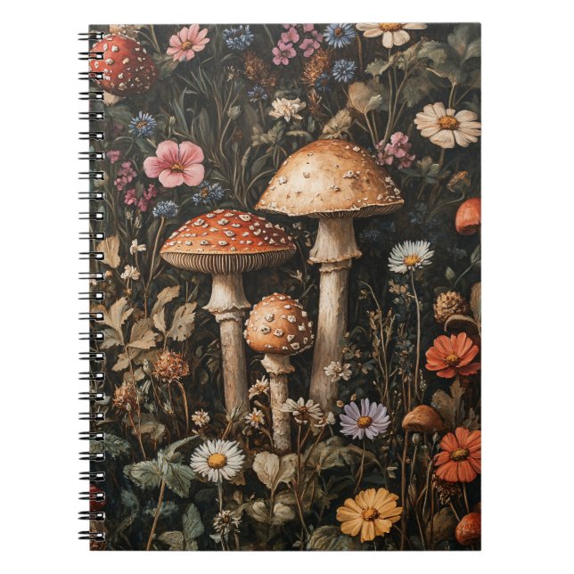 Caderno Espiral Cogumelos Whimsical e flores selvagens Botânica (Frente)